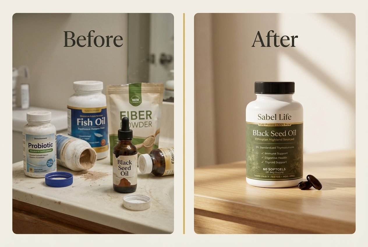 Before: cluttered supplement counter. After: single Sabel Life bottle