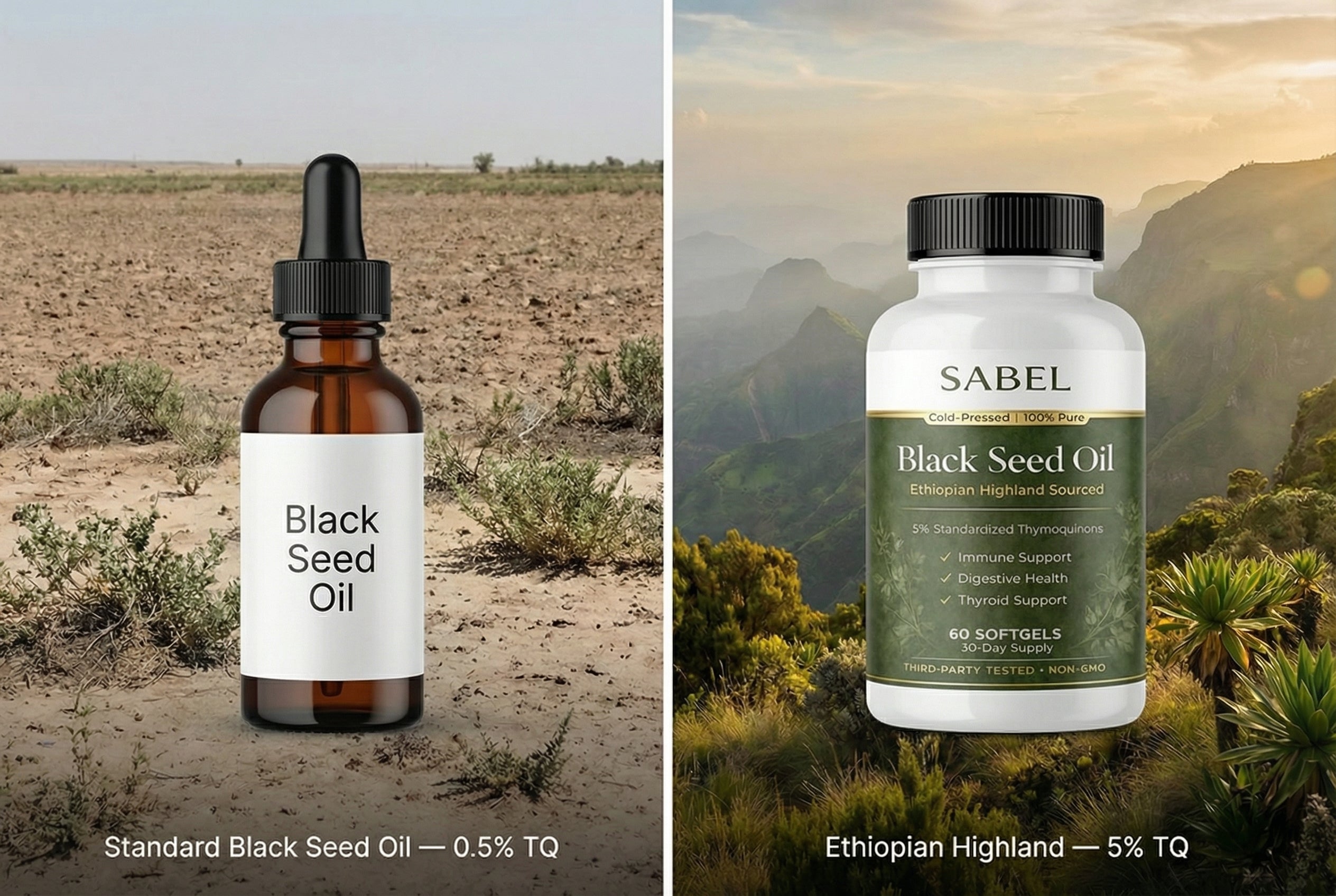 Standard Black Seed Oil 0.5% TQ vs Ethiopian Highland 5% TQ — Not all black seed oil is the same.