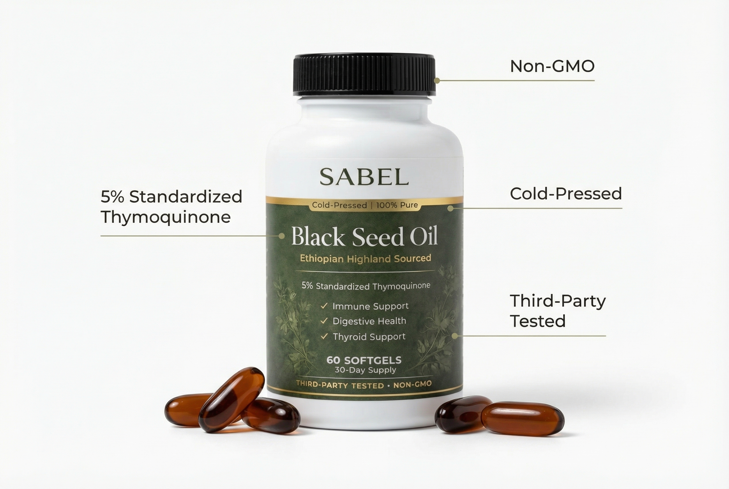 Sabel Life Black Seed Oil — 5% Standardized TQ, Cold-Pressed, Third-Party Tested, Non-GMO