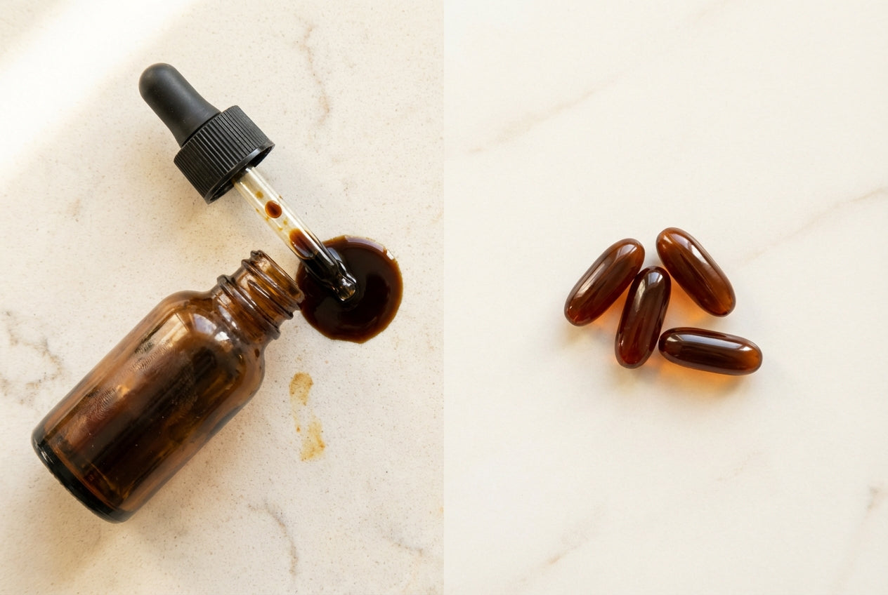 Liquid oil dropper vs softgel capsules comparison