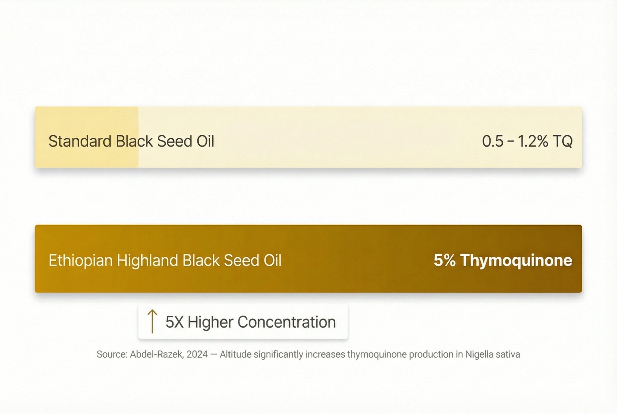Standard Black Seed Oil 0.5-1.2% TQ vs Ethiopian Highland 5% Thymoquinone — 5X Higher Concentration
