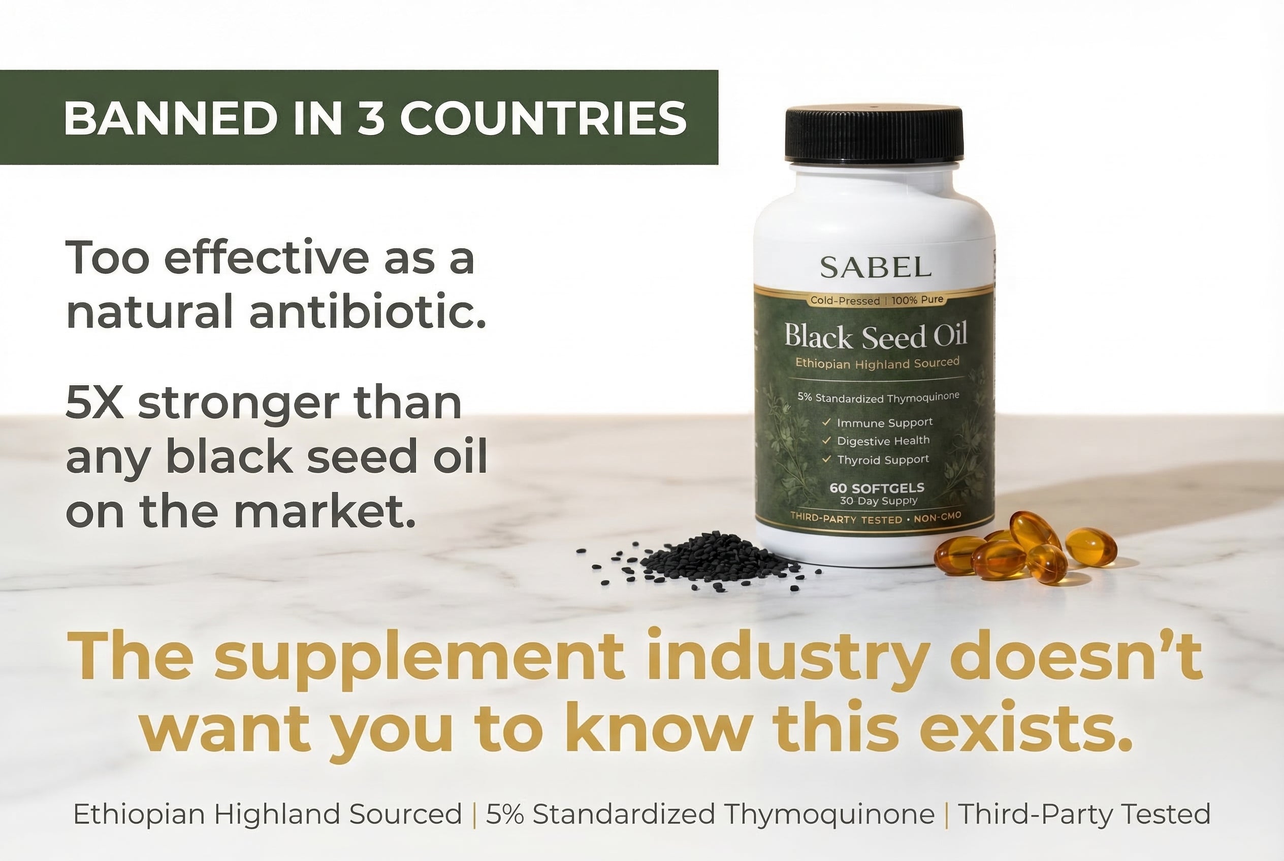 Banned in 3 Countries — Sabel Life bottle, 5X stronger than any black seed oil on the market