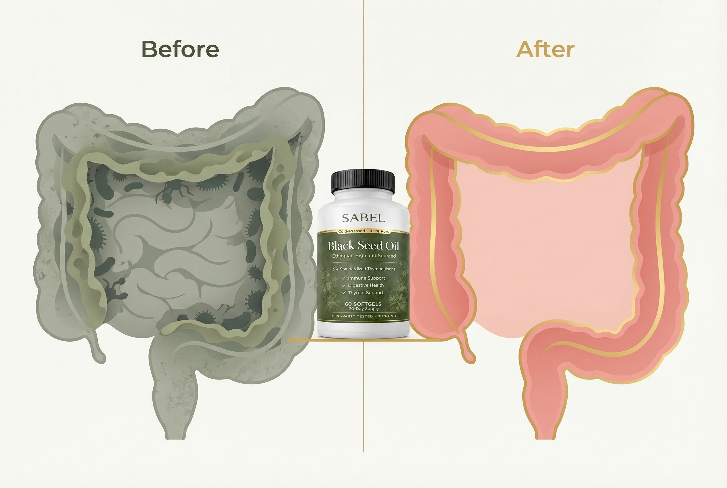Before: cluttered supplements. After: clean gut with Sabel Life Black Seed Oil