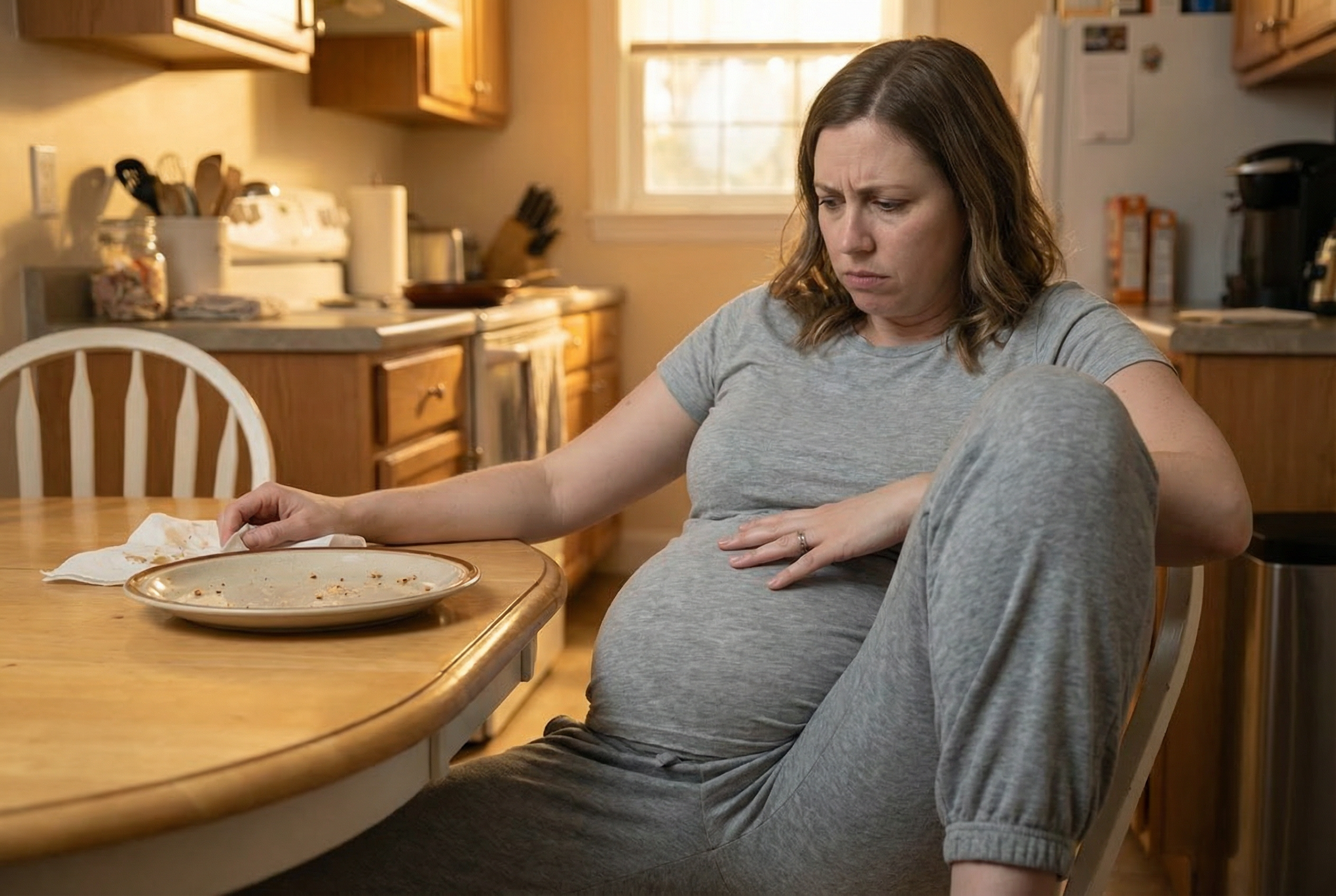 Woman sitting at table after meal, holding bloated stomach