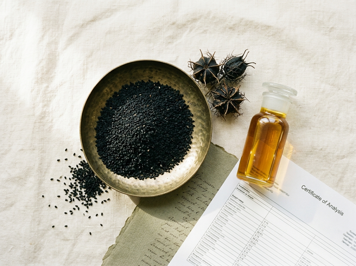 Black seed, dried Nigella sativa pods and a vial of golden oil beside a third-party certificate of analysis