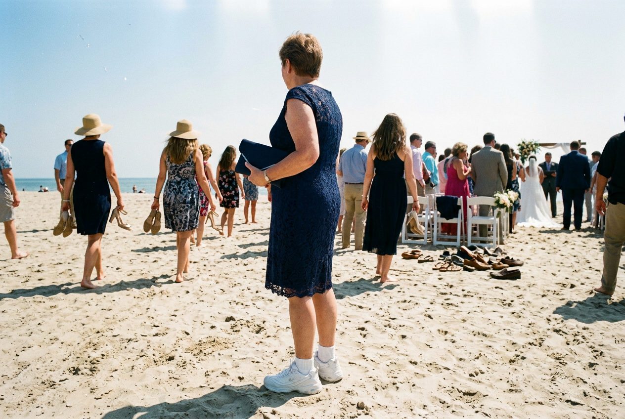 A woman in a navy dress stands on the sand at a beach wedding in white trainers and socks while every other guest is barefoot