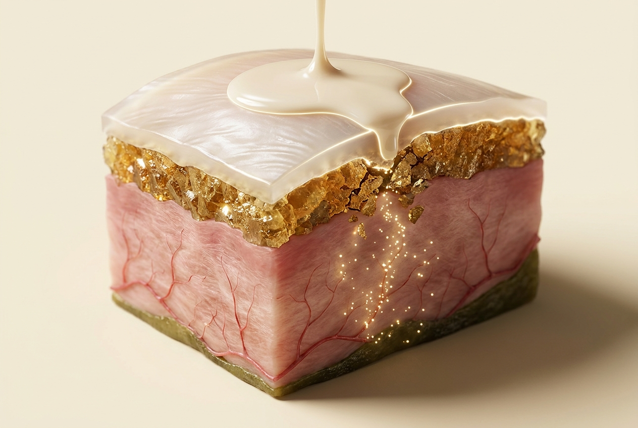 Cross-section: cream pooling on top of the nail plate and stopping, the hardened shield beneath it fracturing as compounds rise from the capillaries below
