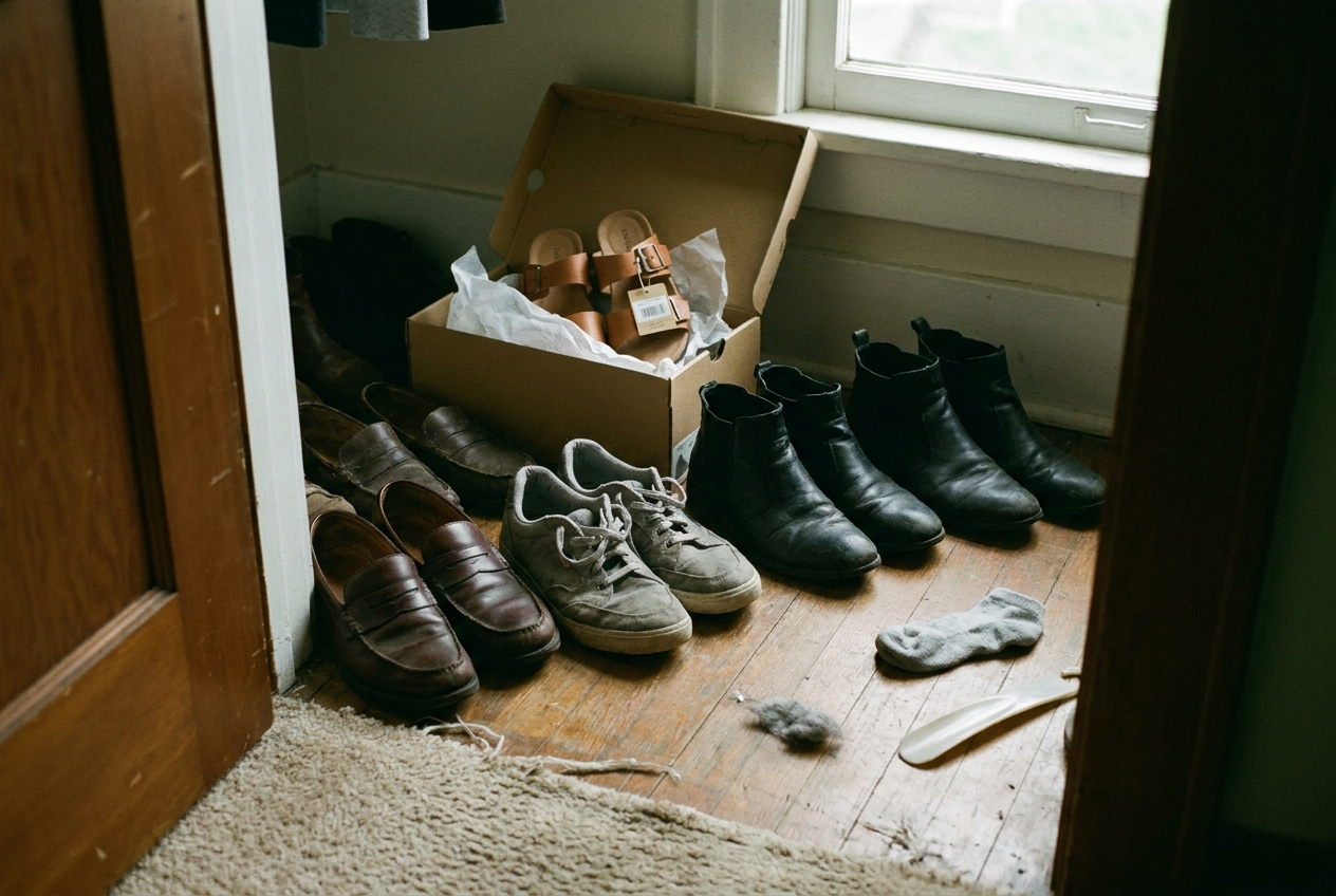 Rows of worn closed-toe shoes on a closet floor with a pair of sandals still in the box, tag attached, never worn