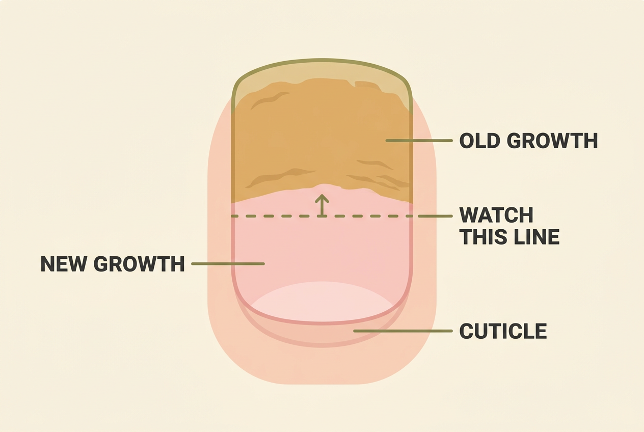Diagram of a toenail showing old thickened growth toward the tip, new healthy growth at the base, and the advancing line between them