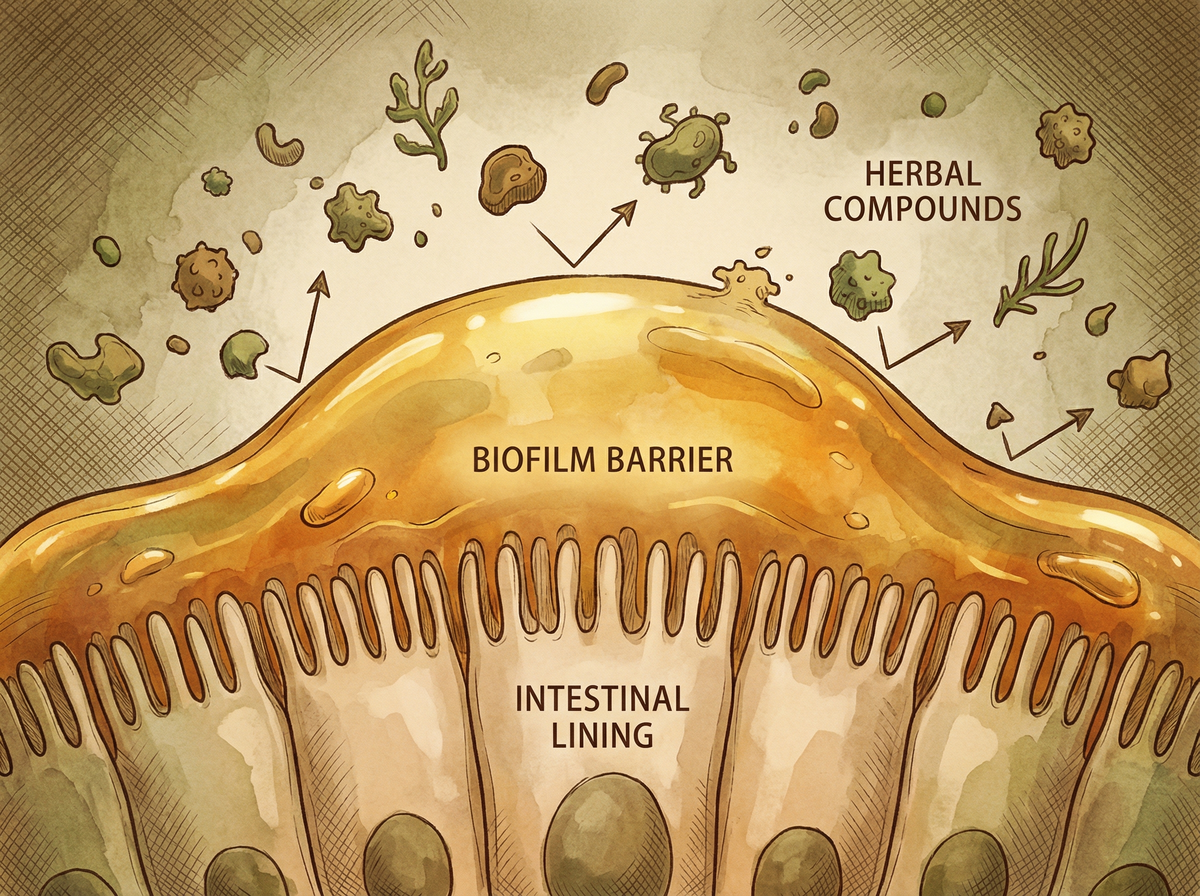 Microscopic cross-section showing biofilm barrier coating intestinal lining with herbal compounds bouncing off