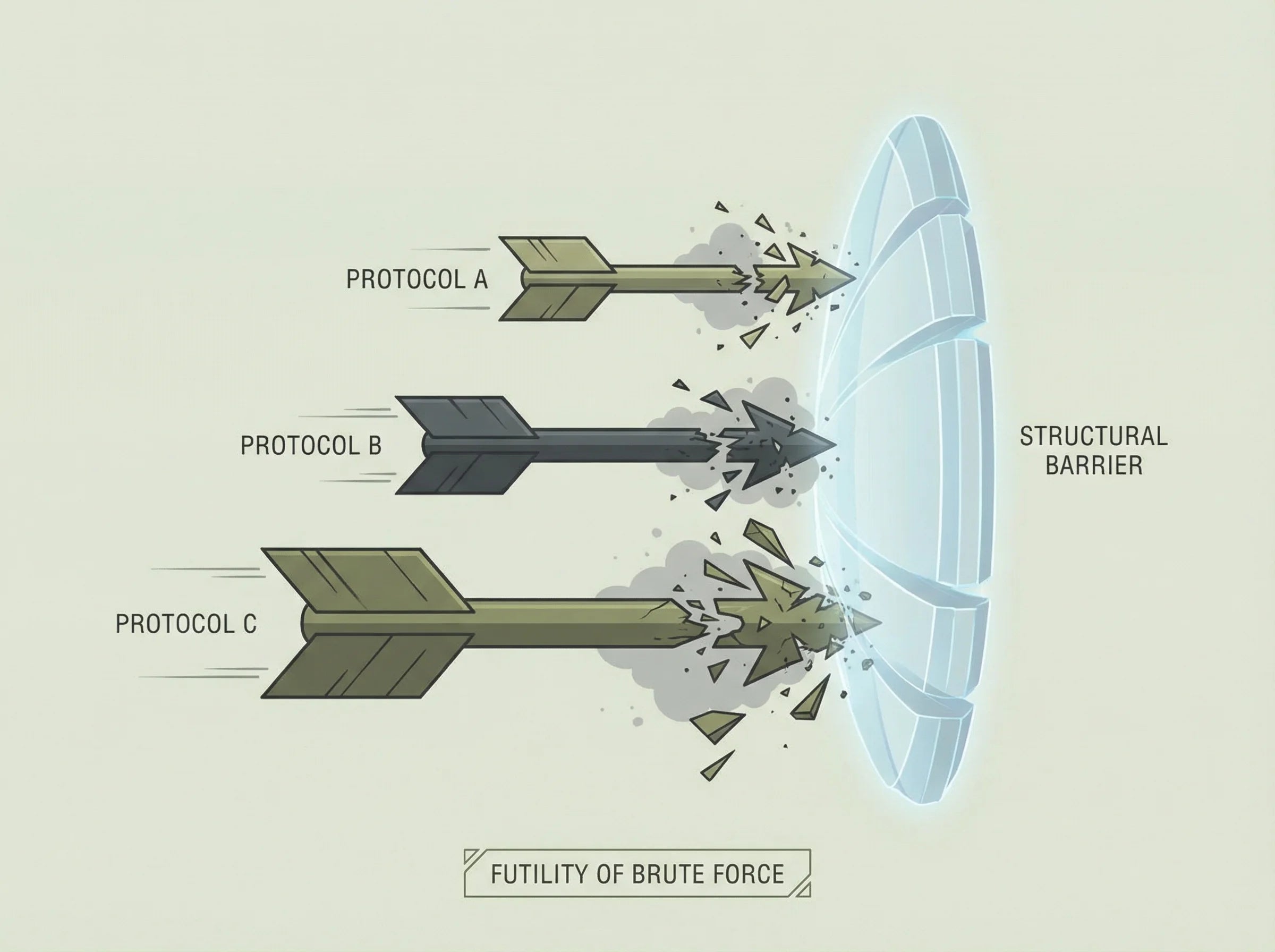Arrows striking and shattering against a structural barrier — futility of brute force cleanse protocols