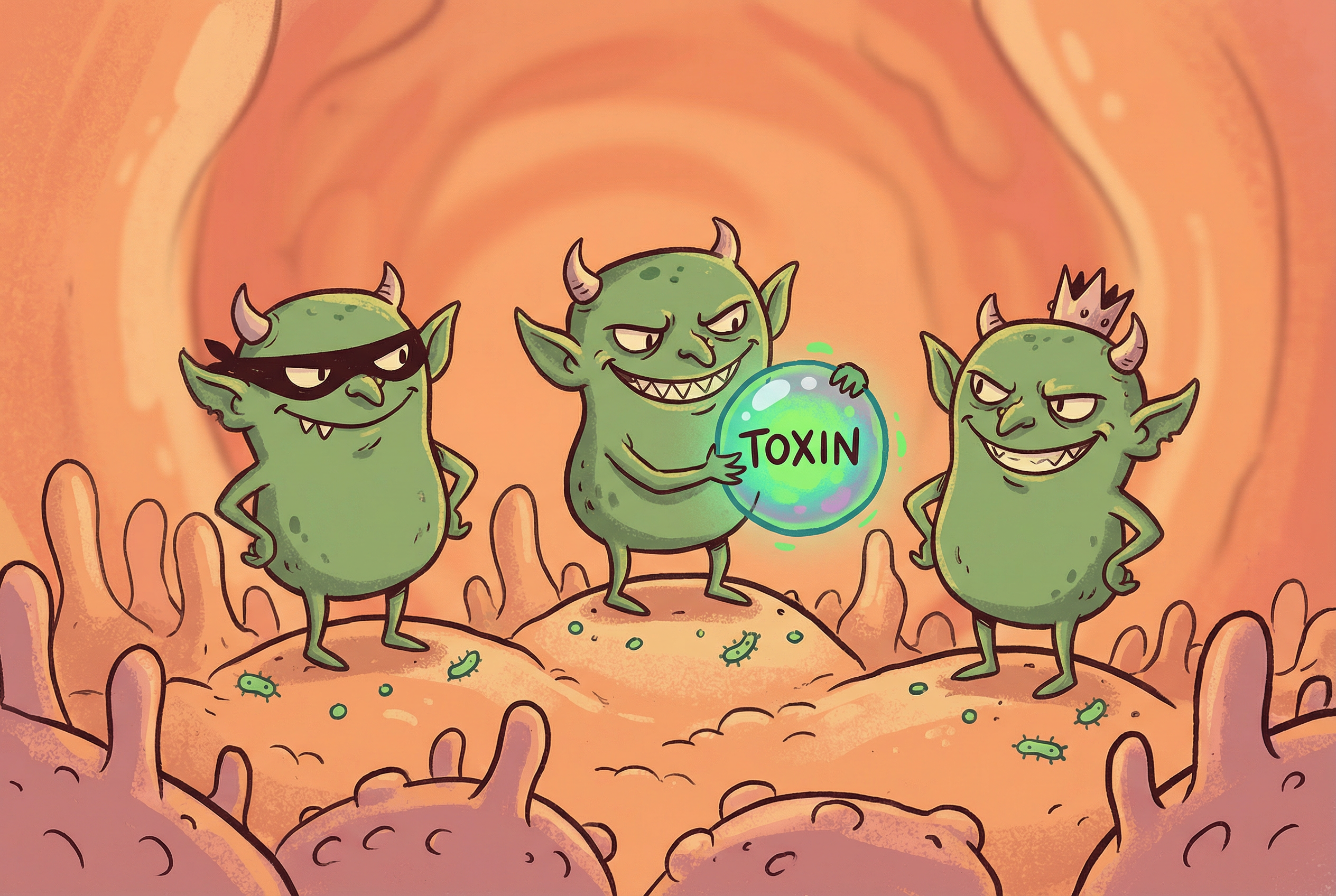 Cartoon parasites releasing toxins inside the gut