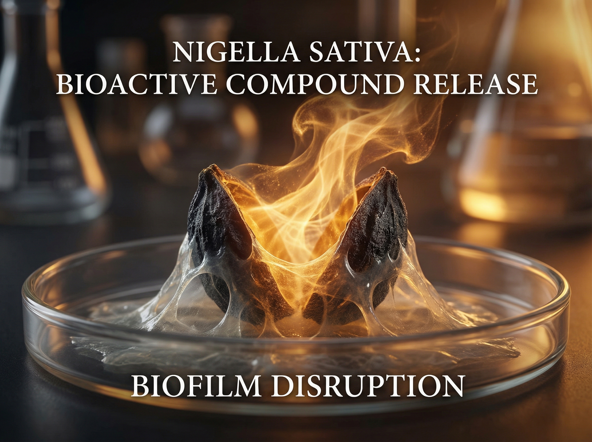 Nigella Sativa bioactive compound release — black seeds splitting open with golden thymoquinone for biofilm disruption