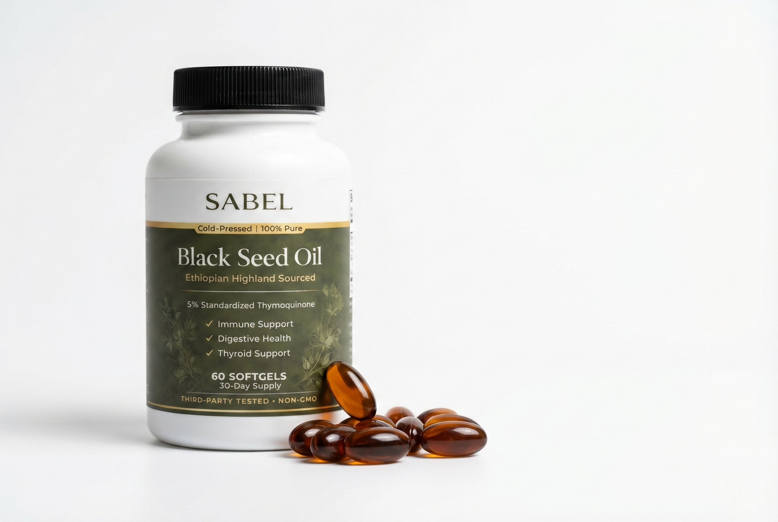Sabel Life Ethiopian Black Seed Oil bottle with softgels