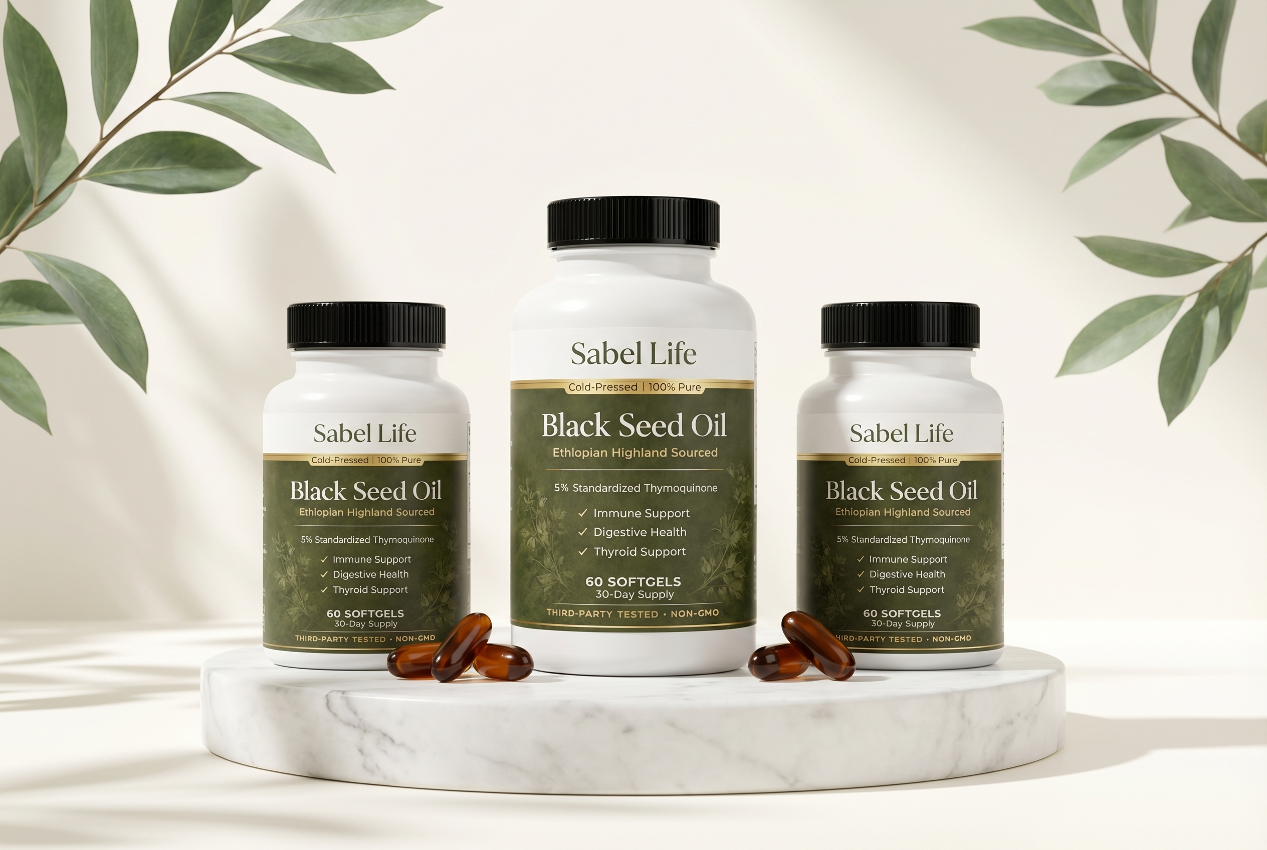Sabel Life Ethiopian Black Seed Oil — three bottles with softgels
