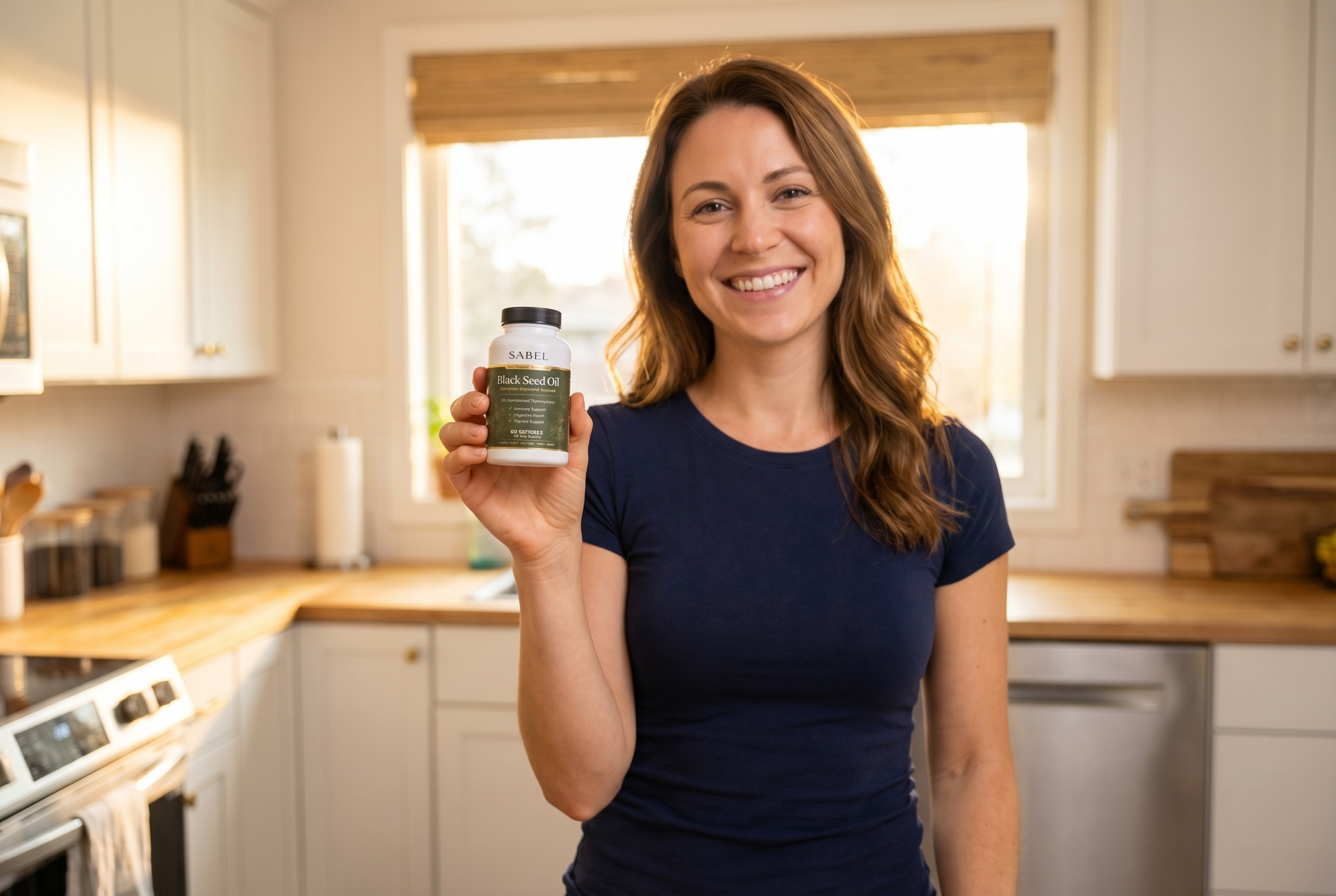 Woman holding Sabel Life Black Seed Oil bottle in kitchen