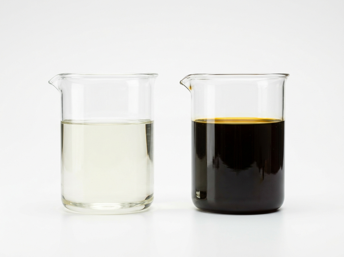 Two beakers comparing weak and highly concentrated black seed oil