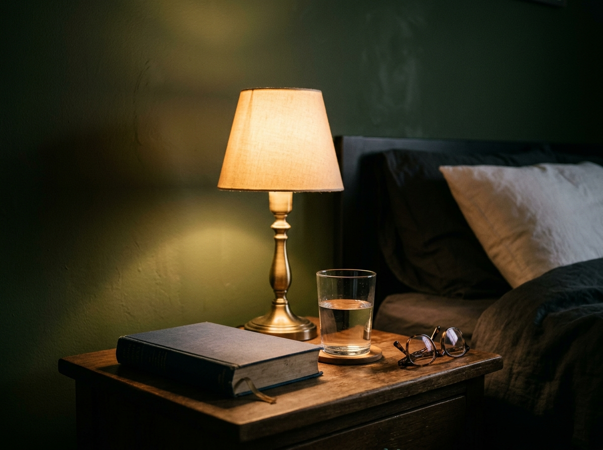 Calm bedside table at night with a lamp and a glass of water