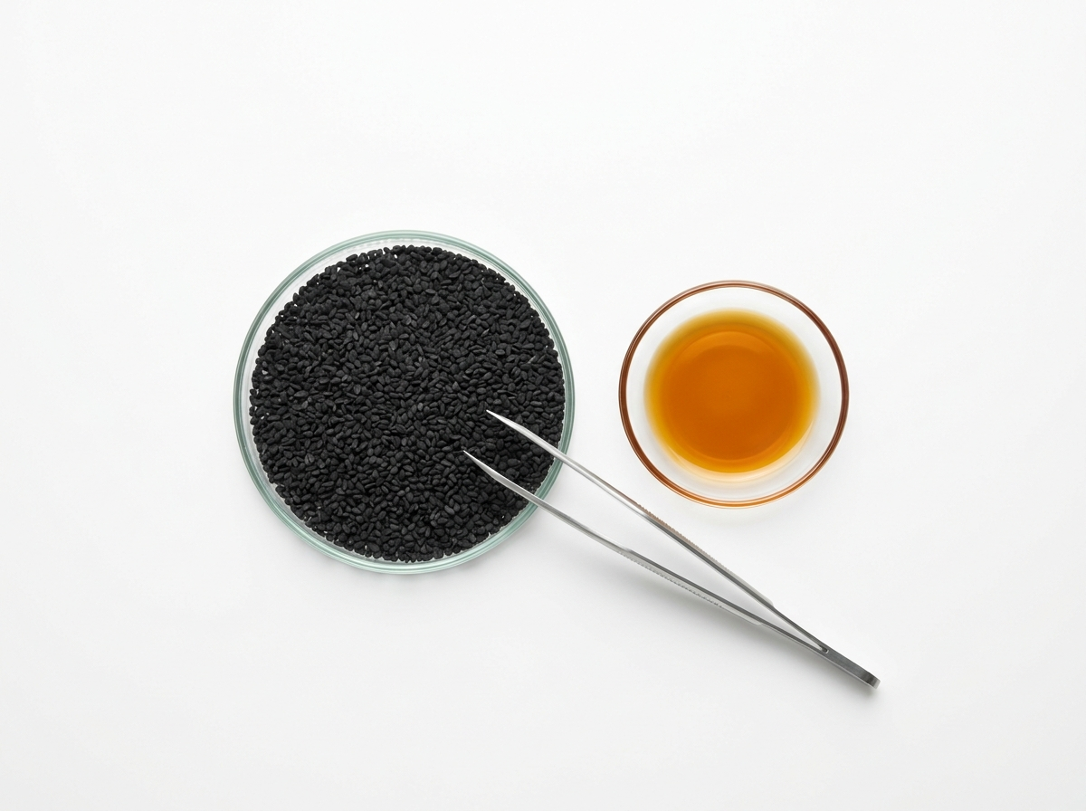 Nigella sativa seeds and amber oil laid out for laboratory testing