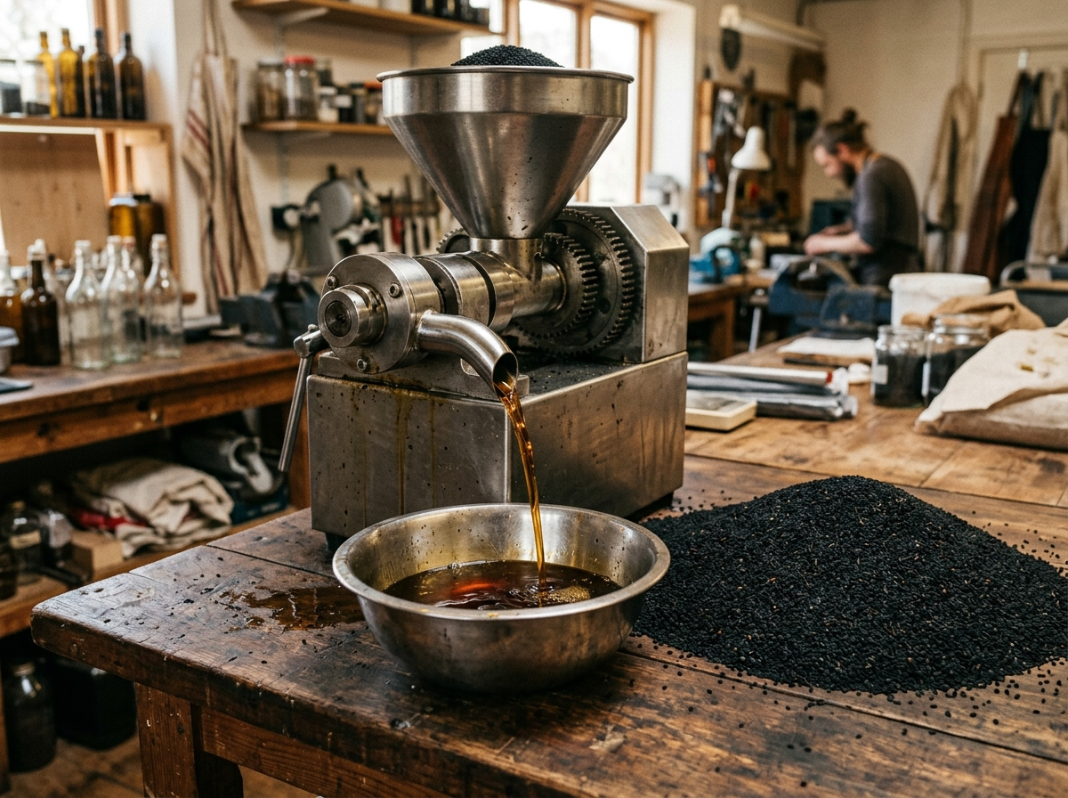 Steel cold-press running black seed oil into a bowl