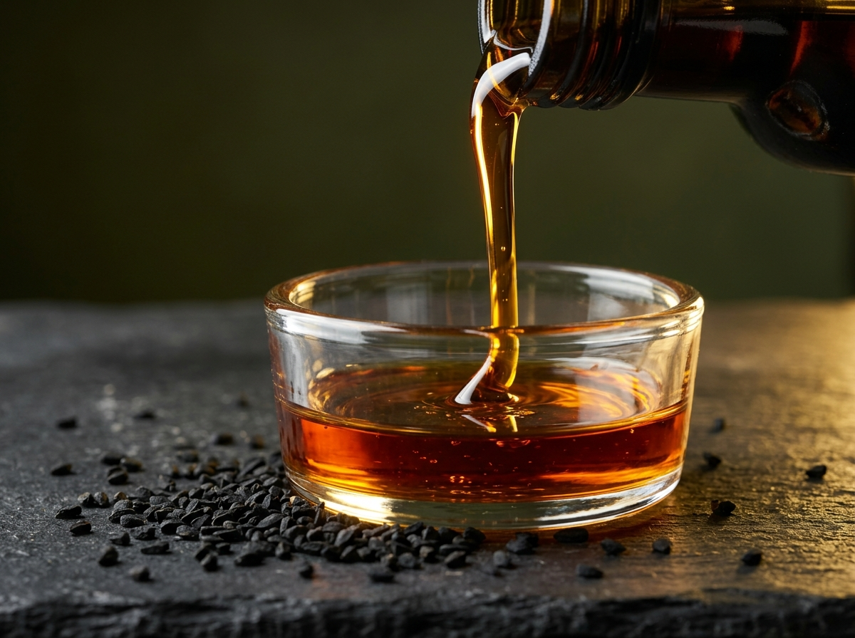 Cold-pressed black seed oil pouring into a glass dish