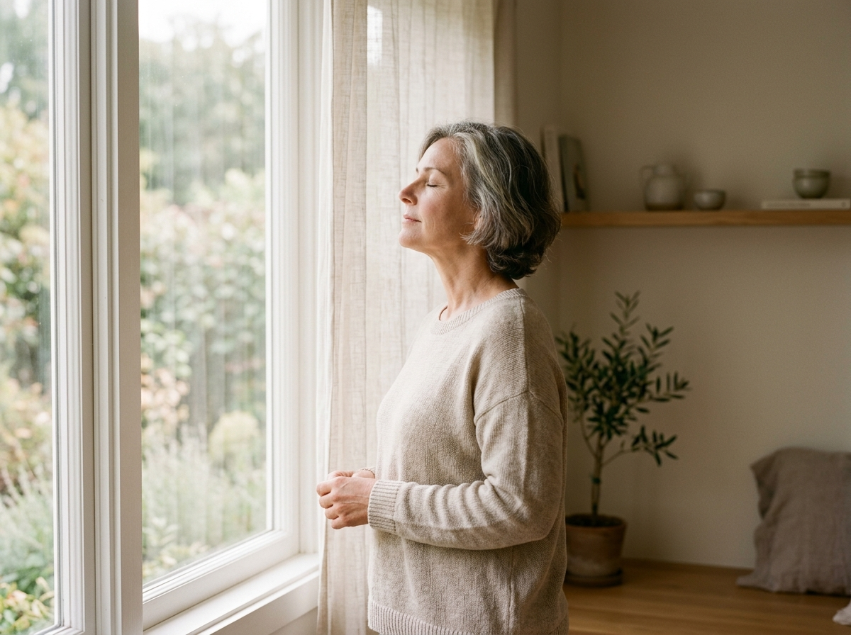 Woman breathing easily through her nose at a bright window
