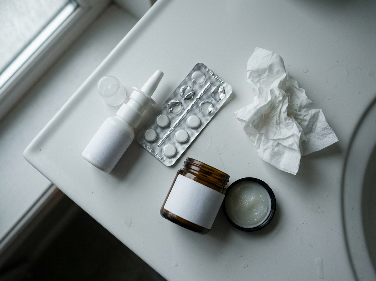 Nasal spray, tablets and chest rub on a bathroom counter