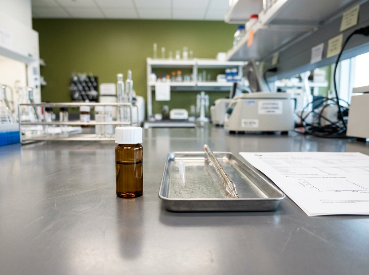 Independent laboratory bench with sample vial and analysis report