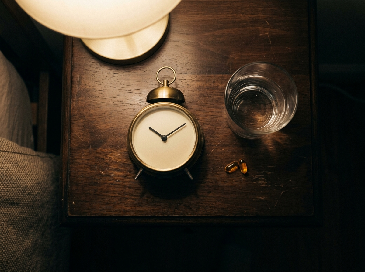 Nightstand with a clock, a glass of water and two soft gels