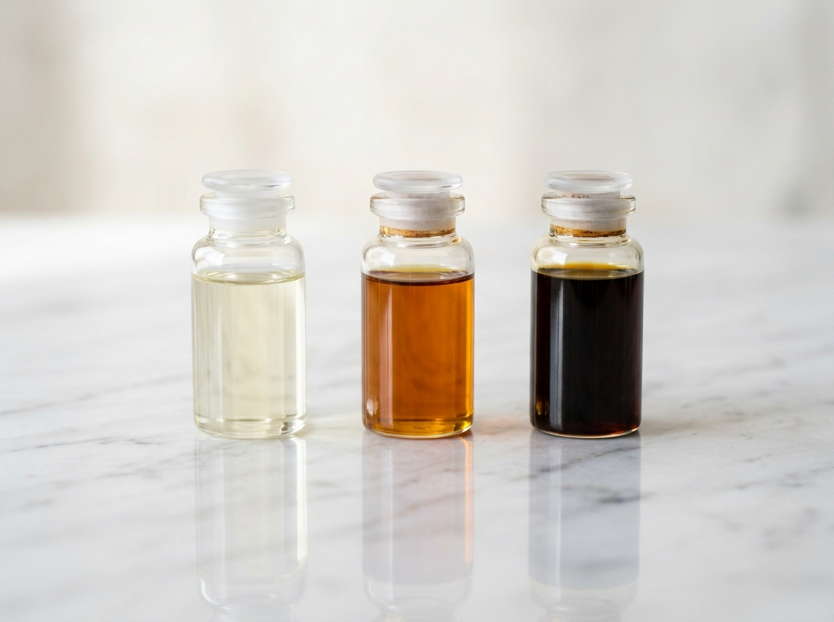 Three vials of black seed oil at rising thymoquinone concentration