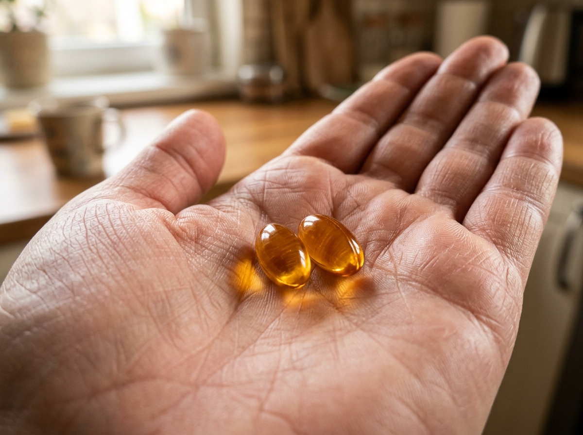 Two amber soft gels resting in an open palm