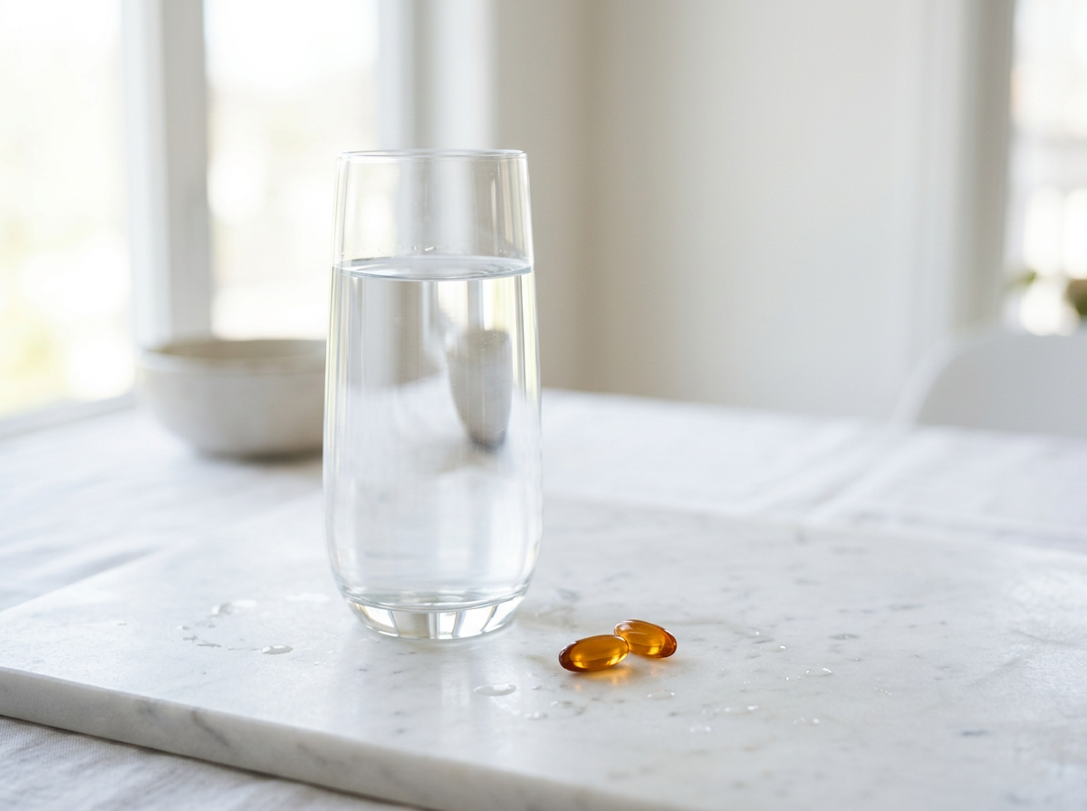 A glass of water and two soft gels on white marble