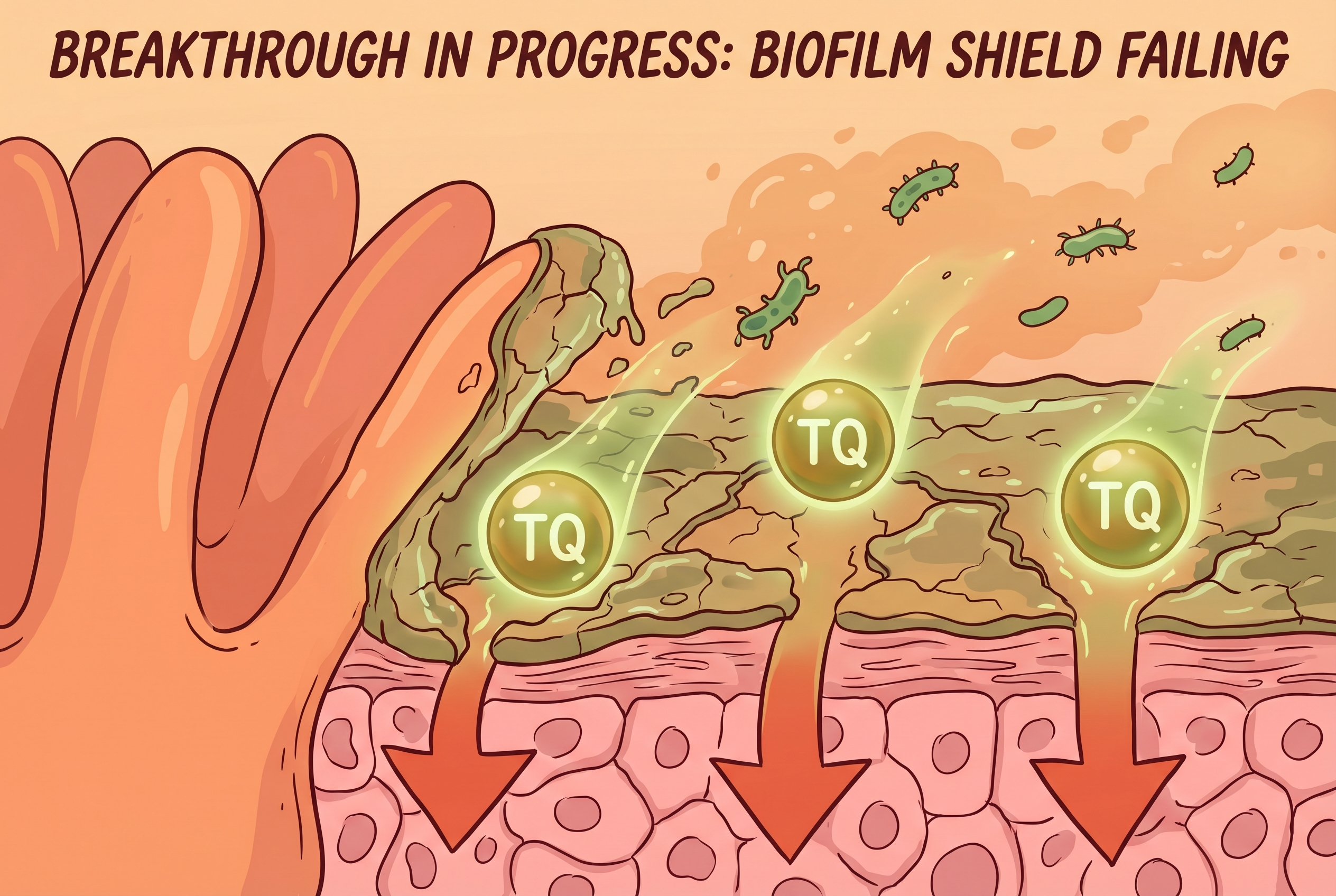 Thymoquinone molecules breaking through biofilm shield